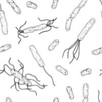 Seamless pattern of hand drawn bacteria, microbes and cells in black and white. Ideal for medical, biological, and biotechnology designs, infection prevention, and scientific illustrations vector