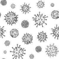 Seamless pattern of hand drawn viruses and cells in black and white. Perfect for medical and healthcare designs, illustrating infection prevention, immunity, and pandemic concepts vector