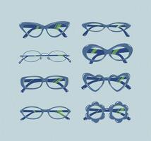 Sunglasses collection drawing in vintage style with transparent lens and blue frame on light blue background vector