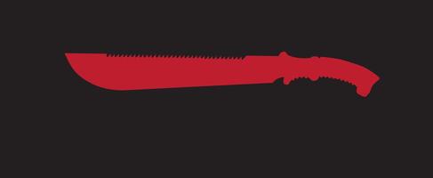 Red silhouette of machete on black background. Banner template for printing, print, game icons of shooters and action games, military style, cold arms. vector