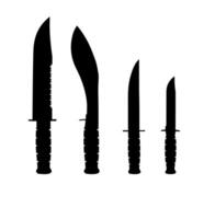 Set of black silhouettes of Ka-Bar knives on a white background. Banner with icons for posters, backgrounds, computer games of the action and shooter genre. vector