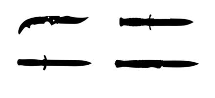 Set of black silhouettes of knives on a white background. Banner with icons for posters, backgrounds, computer games of the action and shooter genre. vector