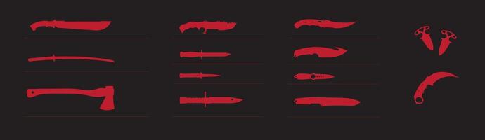 Set of red silhouettes of cold weapons on a black background. Banner with icons for posters, backgrounds, computer games of the action and shooter genre. vector