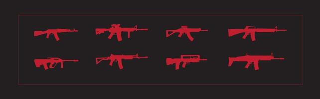 Set of silhouettes of red assault rifles on a black background. Banner poster for printing, backdrop, icons for mobile and computer games. Military style of weapons. vector