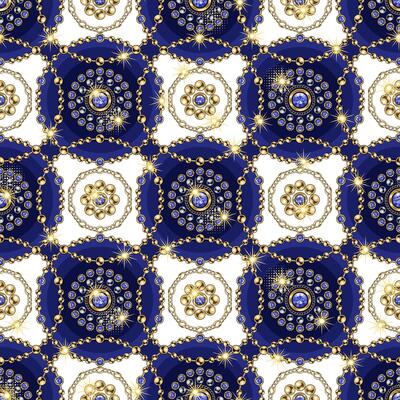Seamless geometric pattern with round jewelry ornaments in staggered manner. Silver, gold elements with blue gems. Vintage style. Good for clothing, apparel, fabric, textile, surface design.
