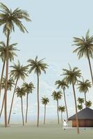 Coconut palm trees and bungalow at seaside with blue sky vertical background graphic illustration have blank space. vector
