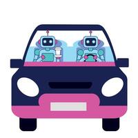 Two robots are driving a car. One robot is holding coffee. Automation concept. vector