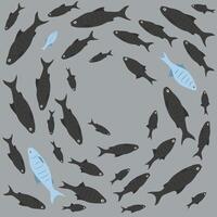 Concept of courage, confidence, success, crowd and creativity. One unique fish swims opposite from identical black ones. vector