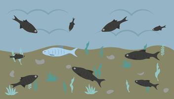 Plates against the current. One fish swims in another direction. A symbol of courage, individuality, loneliness or a different way of life. vector