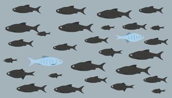One unique fish swims opposite from identical blacks. Concept of courage, confidence, success, crowd and creativity. vector