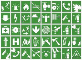 Green signs of necessary actions during a fire. Fire warnings and actions. vector