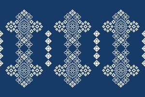 Ethnic pattern cross stitch with blue color background ethnic design fabric motif decor. vector