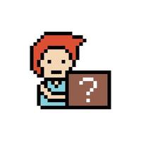 Cartoon pixel art of man boy male and sign question mark quiz question ask art. vector