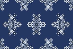 Cross stitch with blue color background ethnic design fabric motif pattern. vector