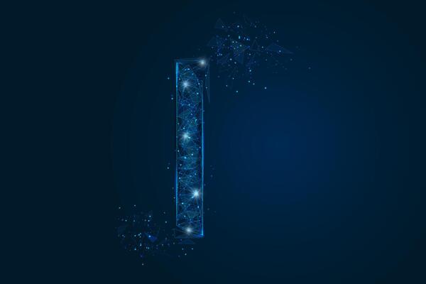 Abstract isolated blue image of a number one. Polygonal illustration looks like stars in the blask night sky in spase or flying glass shards. Digital design for website, web, internet