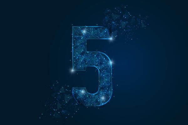 Abstract isolated blue image of a number five. Polygonal illustration looks like stars in the blask night sky in spase or flying glass shards. Digital design for website, web, internet