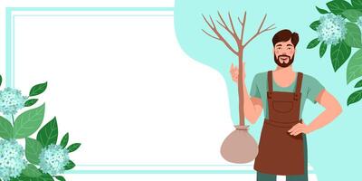 Horizontal banner with Man with tree sapling vector
