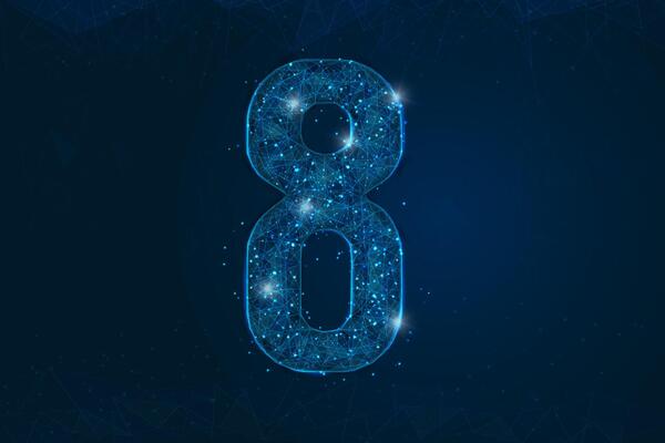 Abstract isolated blue image of a number eight. Polygonal illustration looks like stars in the blask night sky in spase or flying glass shards. Digital design for website, web, internet