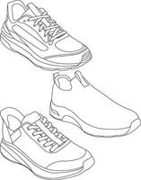 Set of Shoes sneaker outline drawing icon, set of sneakers design isolated, black line sneaker template outline vector