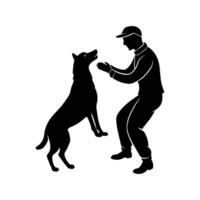 Illustration of a Silhouette of a Man Playing with a Dog in a Joyful Pose, Standing Together with the Dog Front Paws Raised, Perfect for Animal Lovers and Pet Training Illustrations vector