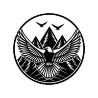 Soaring Spirit of the Eagle A bold emblem features a majestic eagle in full flight against the backdrop of towering mountains and birds, it a symbol of strength, freedom, and the untamed spirit. vector