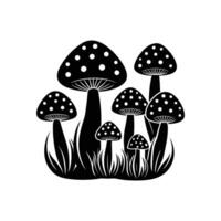 Enchanting Fungi Silhouette A collection of whimsical mushrooms, rendered in stark black and white, grows amidst the grass, creating a mesmerizing visual story. vector
