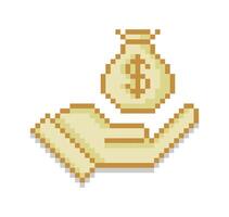 Pixel art of open up hand and a bag of money illustration. Pixelated hand and money. Business and finance icon concept. vector