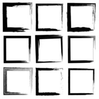 Collection of nine square grunge brush stroke frames in black. Each frame has a unique design, perfect for creative projects, invitations, or digital art. vector