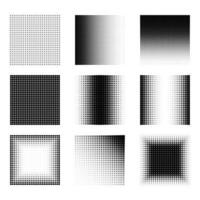 Collection of nine grayscale halftone patterns, each with unique dot gradients. Versatile for design projects, backgrounds, and artistic textures. illustration for easy customization. vector