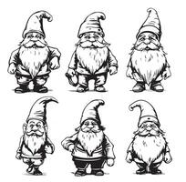 Gnome sketch. Cute garden gnomes scandinavian wizards, bearded gardener little dwarf fairies black illustration, coming nordic elf dwarves with beard and mustache vector