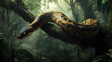 A snake is sitting on a tree branch in the jungle photo