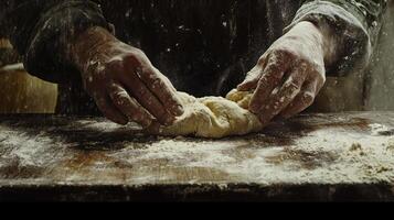 Kneading dough on rustic wooden surface, hands covered in flour, creates warm and inviting atmosphere in bakery setting. process showcases art of baking and joy of creating photo