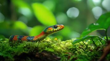 A colorful snake is sitting on the ground in the forest photo