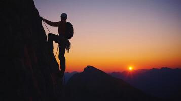 A man climbing on a mountain at sunset photo