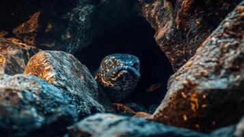 A large fish is peeking out from a cave photo