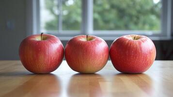 Three apples sit on a table in front of a window photo
