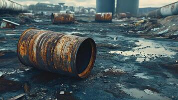 A rusted barrel sitting in a dirty area photo