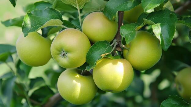 A bunch of green apples on a tree photo