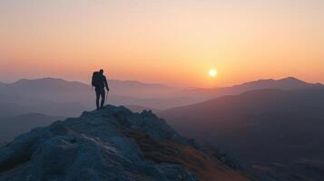 A man standing on top of a mountain at sunset photo