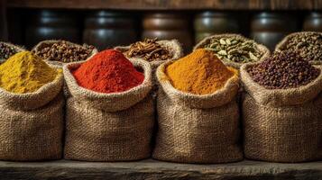 Rustic spice market with burlap sacks filled with vibrant spices, showcasing variety of colors and textures. warm atmosphere evokes sense of tradition and culinary adventure photo