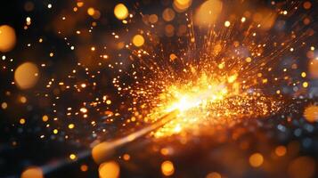Close up of blacksmith forging metal, with sparks flying and glowing embers illuminating scene, creating dynamic and energetic atmosphere photo