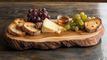 beautifully arranged artisan cheese board featuring variety of cheeses, fresh grapes, honey, and toasted bread slices natural wood platter. This inviting display is perfect for gatherings and photo