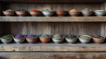 vibrant collection of dried herbs and spices displayed in handcrafted bowls on wooden shelves, showcasing variety of colors and textures that evoke sense of warmth and culinary creativity photo