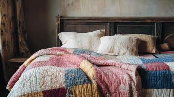 cozy bedroom featuring handmade patchwork quilt with visible stitches draped over rustic wooden bed. quilt showcases blend of warm colors and patterns, creating welcoming atmosphere photo