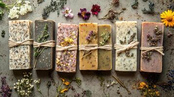 Artisanal soap bars arranged flat lay, showcasing variety of natural ingredients and floral decorations. soaps are wrapped recycled paper and tied with twine, creating eco friendly aesthetic photo