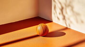 Minimalist basketball resting on a textured orange court. Warm sunlight and bold shadows create dynamic composition with a sports-inspired aesthetic photo