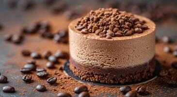 Mocha mousse cake topped with cocoa and coffee beans. Layered dessert with creamy texture, gourmet flavor, and elegant presentation for culinary enthusiasts. Color of the year photo