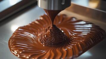 Gourmet chocolate swirl dessert created by advanced 3D food printer. Modern culinary technology showcasing precision, smooth texture and spiral design photo