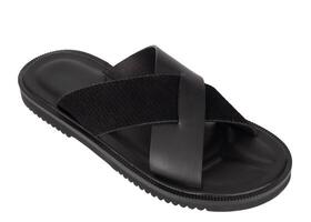 Angled view of modern black sandal with wide leather and fabric cross straps isolated on white background.. photo