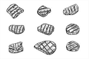 Monochrome grilled meat steaks illustration painted by black inks. Pork, beef steak, ribs, and chicken graphic sketch for BBQ menus, steakhouse branding, or meat related culinary projects. vector